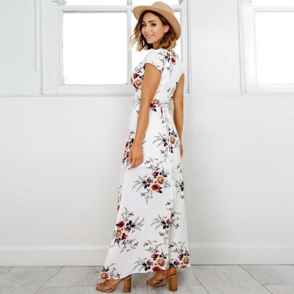 White Floral High Low Wrap Maxi Dress - Picture 4 of 8